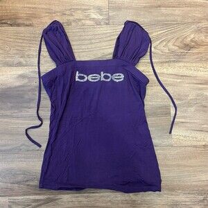 Vintage Y2K bebe Tank Womens Size L Purple Rhinestone Logo Ruched Tie